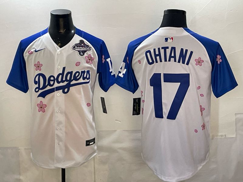 Men Nike 2026 Los Angeles Dodgers #17 Ohtani White Blue Sakura Edition Game MLB Jersey 12089